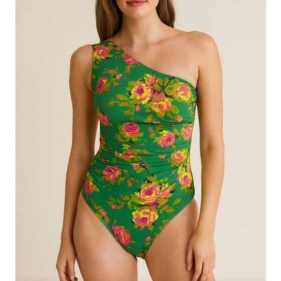 J. Crew Ruched One Shoulder Bathing Suit Rose Garden Green Floral 20 - Picture 1 of 6